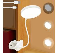 Sporgo Lámpara de lectura con pinza LED, regulable, 3 colores, recargable por USB, con ganso flexible de 360°, para estudiar, trabajar y leer, blanca