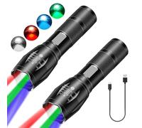 Sporgo Linterna LED 4 en 1: 2 paquetes de linterna multifuncional con rojo, verde, azul, luz blanca, linterna impermeable superbrillante, enfoque ajustable, linterna LED multicolor