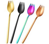 Sporks - Tenedores de acero inoxidable de grado alimenticio, 4 tenedores de ensalada de mango largo de 7.5 pulgadas para postre, helado, ensalada, fideos, espaguetis, uso doméstico, camping