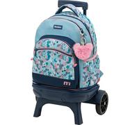 Sportandem Tandem Mochila con Ruedas Desmontable y Base Resistente, Azul Marino con Rosa y Celeste, Capacidad 35 L, Carro Fijo antivuelco, Compartimentos amplios