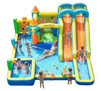 SportBob Castillo hinchable con doble tobogán, soplador, piscina infantil, zona de salto y pared de escalada, ideal para uso en interiores y exteriores, reuniones familiares y ocasiones de cumpleaños
