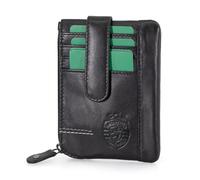 Sporting CP - Portatarjetas y monedero, piel con lengua, 12 x 8,5 x 1 cm, compartimento para tarjetas y monedas, bolsillo trasero con cremallera, dos cadenas internas con llavero, RFID, Negro ,