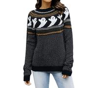 Sportliche Rundhals Spaß Halloween Muster Farbe Gestrickte Pullover Frauen Pullover Pullover Jumpsuit Damen (Black, L)