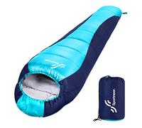 Sportneer Saco de Dormir Momia 3 Estaciones, Saco Dormir Ligero y Cálido con Capucha y Cordón, Relleno Aislante, Ideal para Camping, Senderismo y Viajes (BLU)