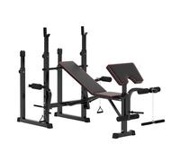 Sportnow banco de musculación multifuncional, banco de pesas, press banca con soportes para barra regulables y respaldo ajustable, para entrenamiento completos de cuerpo, en casa, gimnasio, negro
