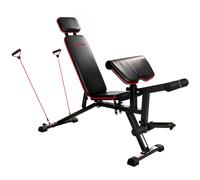 SPORTNOW Banco de pesas ajustable hasta 300 kg 3 en 1 Banco de entrenamiento con ruedas Extensor de piernas Banco predicador reposacabezas Bandas de resistencia