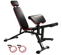 SPORTNOW Banco de pesas ajustable hasta 300 kg, banco de entrenamiento 3 en 1 con ruedas, extensor de piernas, curlpult, reposacabezas largo, banco inclinado con bandas de resistencia, banco de