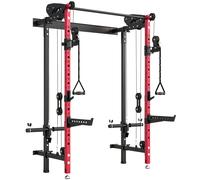 SPORTNOW Jaula de Potencia Plegable Rack para Sentadillas con Barra de Dominadas Sistema de Poleas Carga 700 kg Rojo