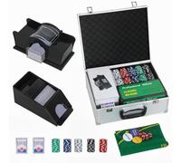 SPORTNOW Juego 300 Fichas Póker con Mezclador Cartas y Zapato Plata | Estuche ABS, Set Póker Texas Holdem Tapete, Fichas 11.5g, Dos Barajas Cartas, Botón Dealer, Botones Ciego, Cinco Dados
