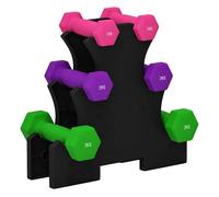 SPORTNOW Juego de Mancuernas 12kg Total, 2 x1kg 2 x2kg 2 x3kg, Set de Mancuernas Hexagonal con Soporte de Almacenamiento para Ejercicio, Entrenamiento en Casa, Gimnasio, Multicolor