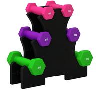SPORTNOW Juego de Mancuernas 12kg Total, 2 x1kg 2 x2kg 2 x3kg, Set de Mancuernas Hexagonal con Soporte de Almacenamiento para Ejercicio, Entrenamiento en Casa, Gimnasio, Multicolor