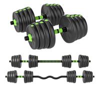 SPORTNOW - Juego de mancuernas ajustables 30 kg 3 en 1, con barra de extensión, mango antideslizante, revestimiento plástico, fitness, musculación, verde y negro