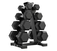 Sportnow juego de mancuernas de 8 piezas 50 kg, mancuernas hexagonales 2x2kg, 2x5kg, 2x8kg, 2x10kg, con soporte de almacenamiento y mango antideslizante para entrenamiento en casa gimnasio, negro