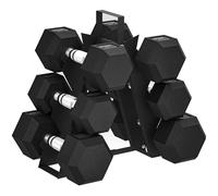 SPORTNOW Juego de mancuernas hexagonales con estante de almacenamiento de pesas, mancuernas recubiertas de goma, asas cromadas antideslizantes, ahorro de espacio para gimnasio en casa, entrenamiento
