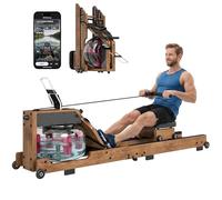 SPORTNOW Máquina de remo de agua para casa de madera de goma, plegable, con aplicación Bluetooth, doble riel de aluminio, pantalla LCD, ajuste cómodo, soporte para teléfono móvil, dispositivo de remo