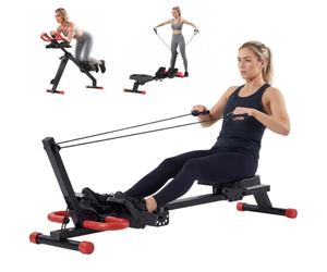 SPORTNOW Máquina de Remo Plegable 2 en 1 con Entrenador de Cintura Rojo | Máquina de Remo para Casa, Resistencia Ajustable, Pantalla LCD, Asiento Acolchado, Pedales Antideslizantes, Carga 120 kg