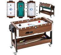 SPORTNOW Mesa Multijuegos 3 en 1 Mesa de Futbolín 3 en 1 Nogal | Estante de Almacenaje, 4 Ruedas con Freno, Air Hockey, Billar y Accesorios, Diversión Familiar para Adultos y Niños