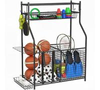 SPORTNOW Organizador de Equipos Deportivos con Cesta, Organizador Balones | Almacenamiento Bolas Garaje,Ganchos Extraibles,Bandas Elásticas,Soporte Balones Baloncesto,Fútbol,Casa,Gimnasio,Escuela