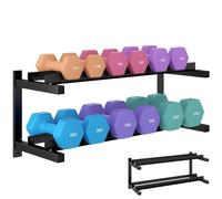 SPORTNOW Rack de mancuernas de pared 2 niveles negro para casa | Soporte mancuernas ahorra espacio, organizador multifuncional pesas rusas, esterillas yoga, almacenaje pesas pared