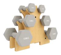 SPORTNOW Set de Mancuernas 3 Pares de 1 kg 3 kg y 5 kg con Soporte de Madera Agarre Antideslizante Gris Claro Aosom España