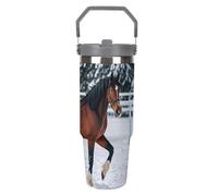 Sports Horses in The Snow Winter - Vaso de 880 ml con popote, taza de viaje de acero inoxidable aislada con diseño de asa, taza de café al vacío de doble pared, tapa a prueba de fugas, mantiene las