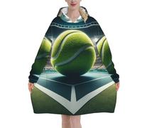 Sports-Tennis-Ball-On-Court - Manta de franela de gran tamaño con capucha para adultos, sudadera de manga larga con capucha