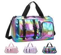 Sporttasche Damen Reisetasche mit Schuhfach und Nassfach, Reisetasche Damen Glitzer Gym Bag Reiseschen Mädchen, Mädchen leicht Faltbar Duffel Bag für Sport Fitness Training Reisen, Negro , purpurina