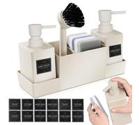SPORWAY Dispensador de jabón para lavavajillas, 350 ml, organizador para fregadero con cepillo y esponja, organizador para fregaderos con bandeja de goteo para cocinas, baño (beige)