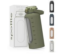 spottle Botella de Agua de Vidrio 2 Litros - Botella Grande con Pajita y Funda de Silicona - A prueba de fugas, Apta para Lavavajillas, Libre de BPA (Verde oliva, 2000 ml)