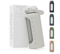 spottle Botella de Agua de Vidrio 2 Litros - Botella Grande con Pajita y Funda de Silicona - A prueba de fugas, Apta para Lavavajillas, Libre de BPA (Gris, 2000 ml)