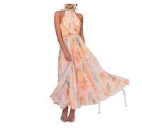 SPPEOUKJ Vestido Halter Espalda Descubierta para Mujer, Largo Gasa Estampado Acuarela, Elegante para Boda Y Playa(L)