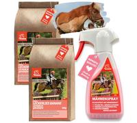 Spray de crin para caballos I Spray de purpurina para crin, cola y pelaje I Golosinas para caballos I Set de cuidados para caballos 3 piezas I Spray de cola para caballos y ponis rosa 2*400gr 250ml