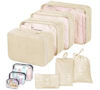 sprecenk Organizador Maleta Viaje 10 Piezas, Gran Capacidad Organizador de Equipaje Packing Cubes, Ligera Bolsas Viaje Cubos de Embalaje Para Ropa, Ropa Interior, Zapatos, Beige