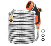 SPRIKIR Metal Garden Hose 50 ft with 10 Function Sprayer Nozzle Lightweight Stainless Steel Water Hose 34 Solid Metal Fitti