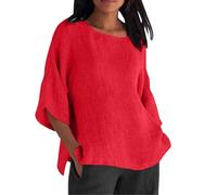 Spring 2024 Fashion Solid Color Cotton Linen Top, Women's Linen Casual 3/4 Sleeve Crewneck Tunic Tops Plus Gauze Blouses (FR/ES, Letras, XL, Regular, Regular, Red)