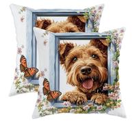 Spring Airedale Terrier - Juego de 2 fundas de almohada de perro con estampado floral suave y divertido de ventanas de 18 x 18 pulgadas, terciopelo para mascotas, decoración del hogar para sofá, sala
