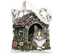 Spring American Shorthair Cat - Bolsa de lona para ir de compras de 13 x 15 pulgadas, divertida bolsa de comestibles reutilizable para mujer, bonita pintura estética de playa para mascotas, decoración