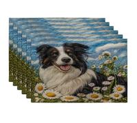 Spring Border Collie - Juego de 6 manteles individuales de perro, 12 x 18 pulgadas, estilo de punto de jardín, cachorro, 6 piezas de manteles suaves para comedor, divertido patrón de mascotas