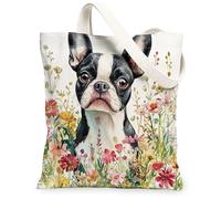 Spring Boston Terrier - Bolsa de lona para compras, 13 x 15 pulgadas, divertida acuarela, flores silvestres, cachorro, reutilizable, bolsa de comestibles para mujeres, pintura estética de mascotas