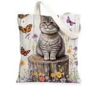 Spring British Shorthair Cats Bolsa de lona para ir de compras, 13 x 15 pulgadas, bolsa de comestibles reutilizable para mujeres, patrón de viaje de gatitos, decoración de regalo