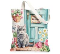 Spring British Shorthair Cats Bolsa de lona para ir de compras, 13 x 15 pulgadas, maceta de flores de bienvenida, bolsa de comestibles reutilizable para mujeres, patrón de viaje para mascotas