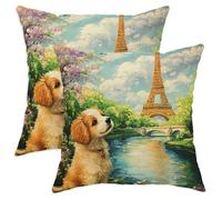 Spring Brittany - Juego de 2 fundas de almohada de perro con estampado de torres románticas, suaves, 12 x 12 pulgadas, diseño de mascotas, decoración de terciopelo para sofá o sala de estar