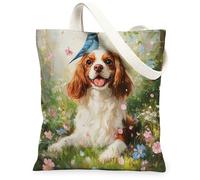 Spring Cavalier King Charles Spaniel - Bolsa de lona para ir de compras de 13 x 15 pulgadas, bolsa de hombro reutilizable con diseño de bosque de pájaros azules para mujeres, decoración de regalo de