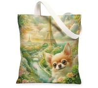 Spring Chihuahua Dog Bolsa de lona para ir de compras de 13 x 15 pulgadas, torres románticas, bolsa de comestibles reutilizable para mujeres, patrón de viaje para mascotas, decoración de regalo