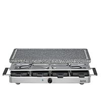 Spring CLASSIC Raclette 8 Personas - Parrilla de granito, piedra caliente con ranura para zumo, 8 sartenes para raclette, 8 rascadores, con estante de almacenamiento, 48 × 27 × 14,5 cm, 1200 W,
