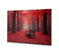 Spring Decor Autumn Serenity: A Bench In The Red Forest - Lienzo decorativo para decoración de sala de estar, baño, decoración de pared (20 x 30 cm)