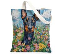 Spring Doberman - Bolsa de lona para ir de compras de 13 x 15 pulgadas, pintura al óleo, diseño de cachorro de flores silvestres, reutilizable, bolsa de estampado de comestibles para mujeres