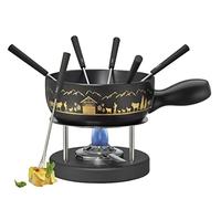 Spring Montana - Juego de fondue de queso de cerámica, color negro con motivos alpinos dorados, quemador de metal y acero inoxidable, incluye 6 tenedores para fondue, adecuado para todo tipo de