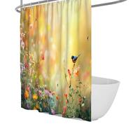 Spring Garden Art Cortina de Ducha Pájaro Colorido en un Campo de Flores con Mariposas Cortinas de baño Cortina Impermeable de poliéster de Ducha Secado rápido W180xL180 cm