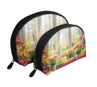 Spring Garden - Bolsas de maquillaje con estampado de flores de selva, 2 piezas, portátil, bolsa de aseo de viaje, White, Talla única